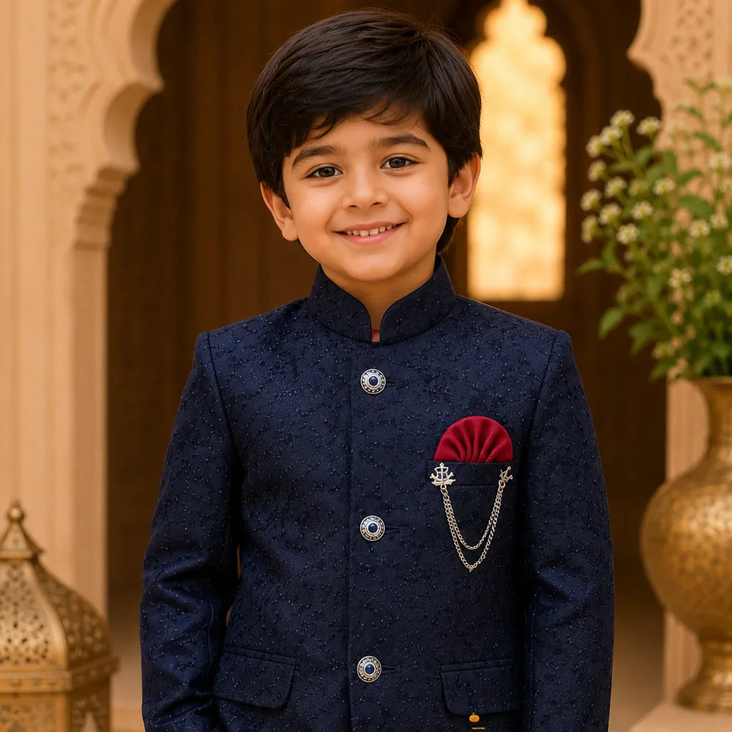 Embroidered Navy Blue Jodhpuri Suit for Boys