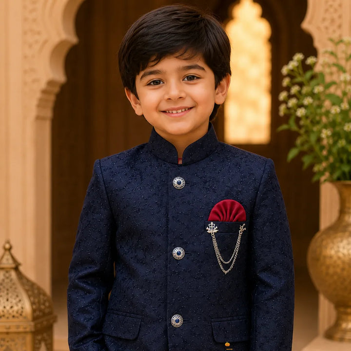 Embroidered Navy Blue Jodhpuri Suit for Boys