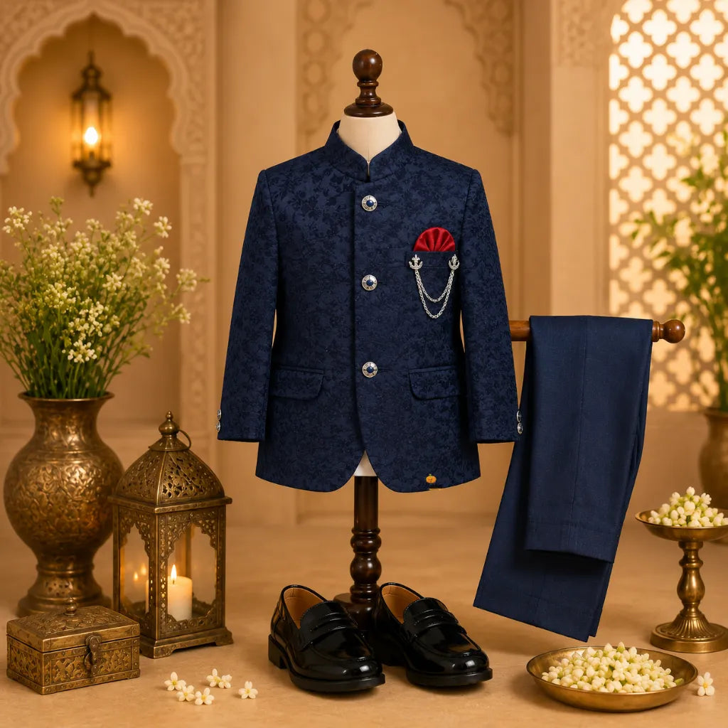 Embroidered Navy Blue Jodhpuri Suit for Boys