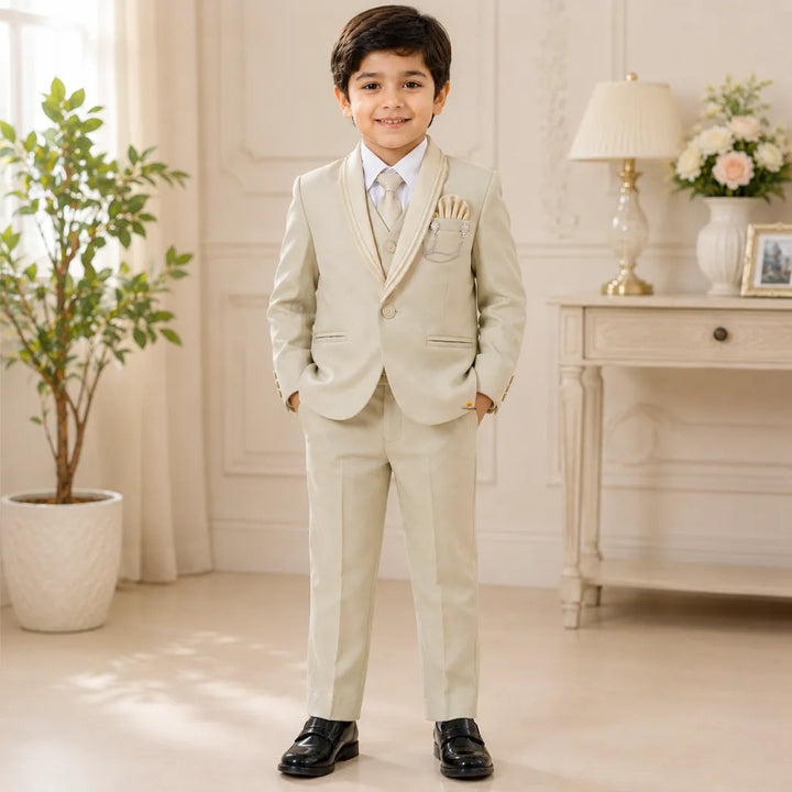 Boys Fawn Partywear 3-Piece Blazer Suit Set with Tie & Brooch