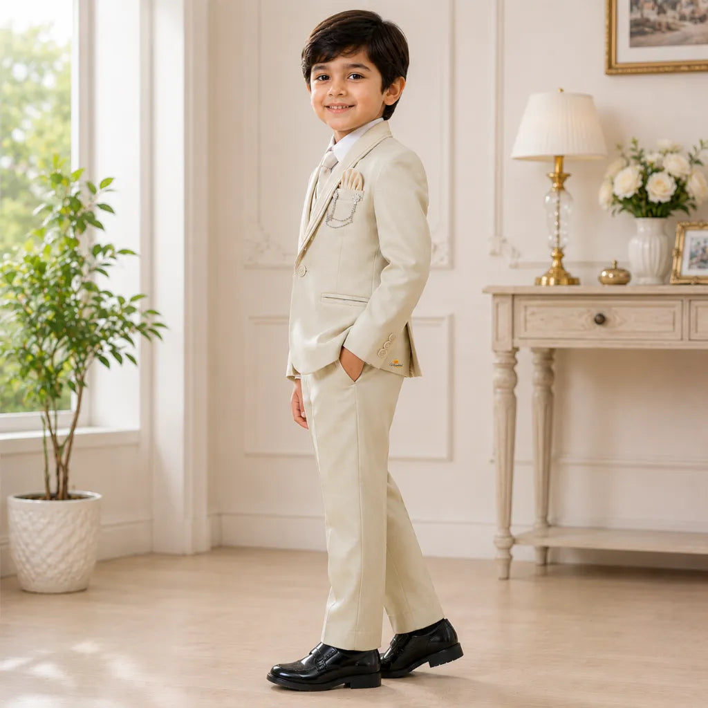 Boys Fawn Partywear 3-Piece Blazer Suit Set with Tie & Brooch