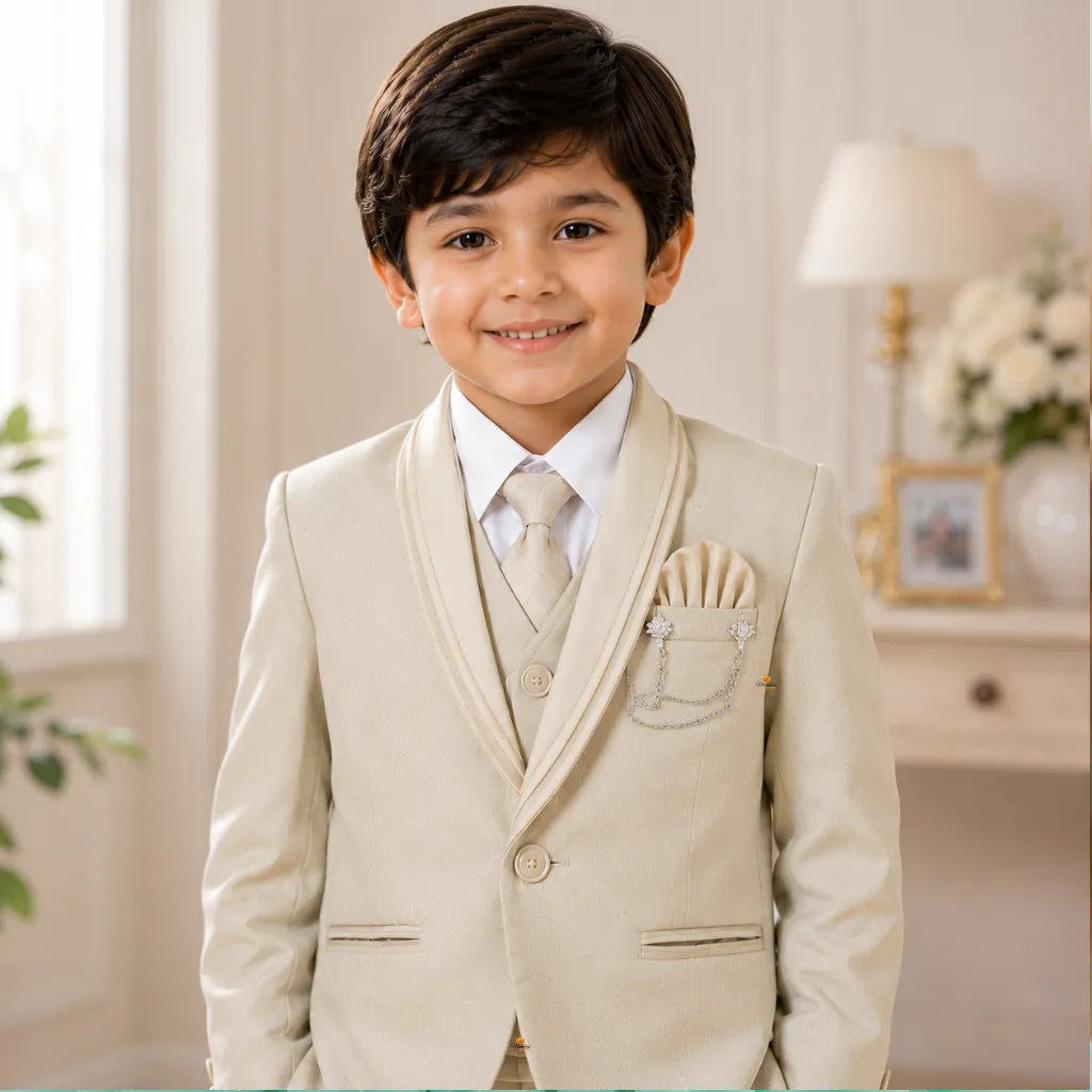 Boys Fawn Partywear 3-Piece Blazer Suit Set with Tie & Brooch