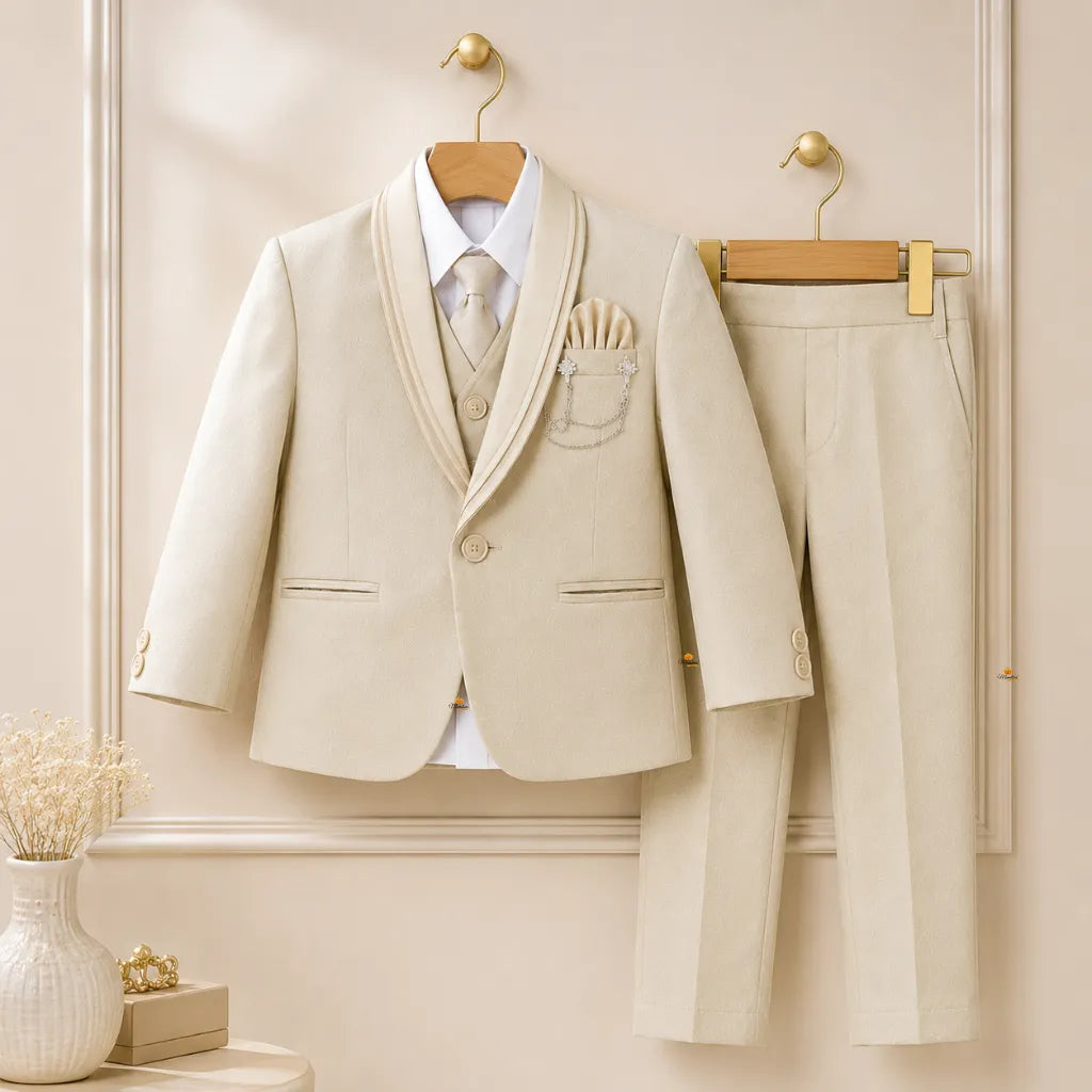 Boys Fawn Partywear 3-Piece Blazer Suit Set with Tie & Brooch