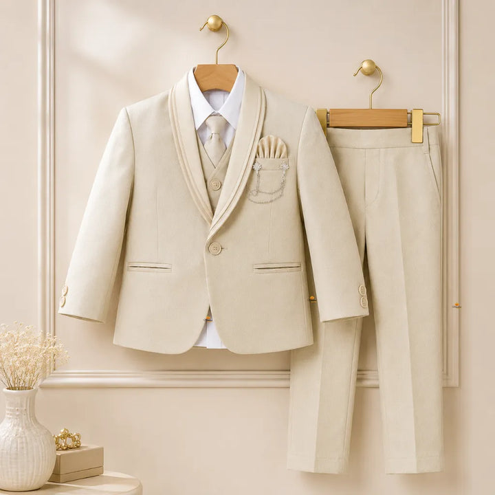 Boys Fawn Partywear 3-Piece Blazer Suit Set with Tie & Brooch