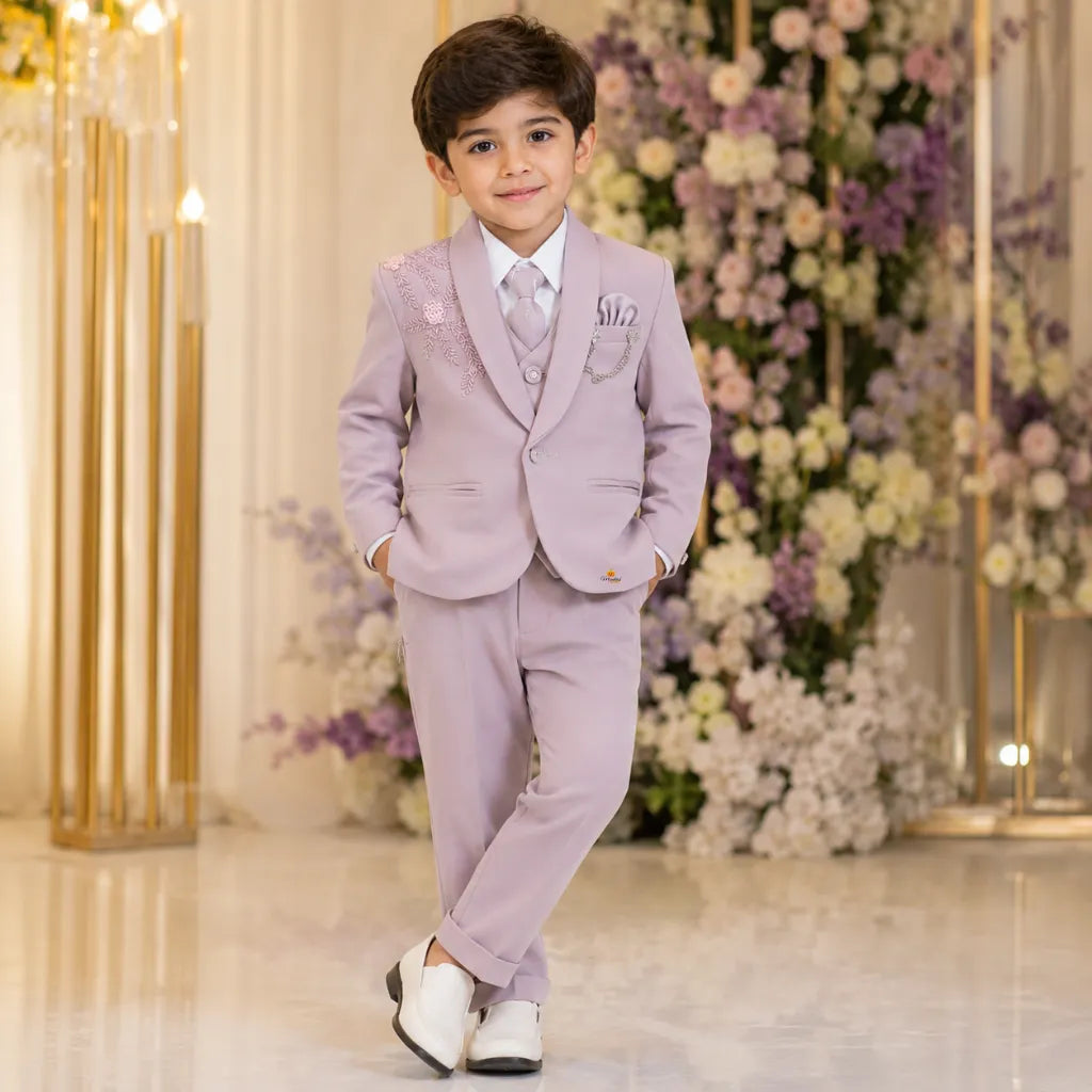 Premium Boys Floral Embroidered Blazer Suit Set with Tie & Brooch