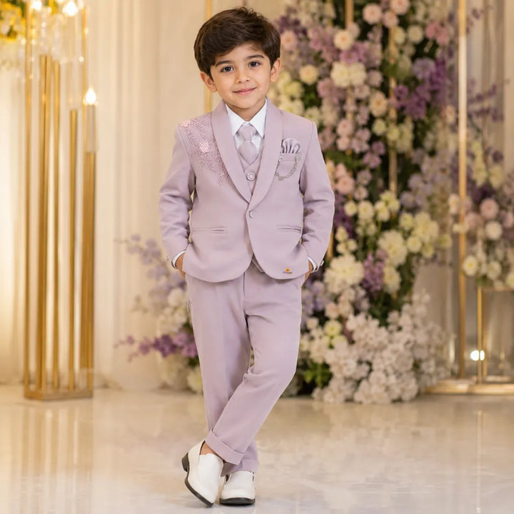 Premium Boys Floral Embroidered Blazer Suit Set with Tie & Brooch