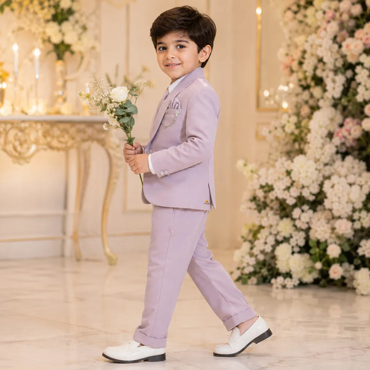 Premium Boys Floral Embroidered Blazer Suit Set with Tie & Brooch