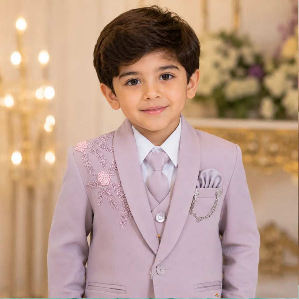 Premium Boys Floral Embroidered Blazer Suit Set with Tie & Brooch