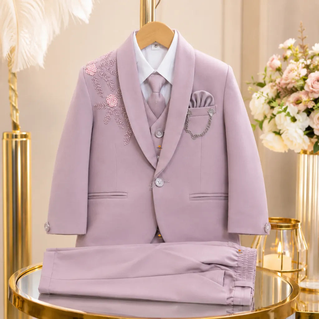 Premium Boys Floral Embroidered Blazer Suit Set with Tie & Brooch