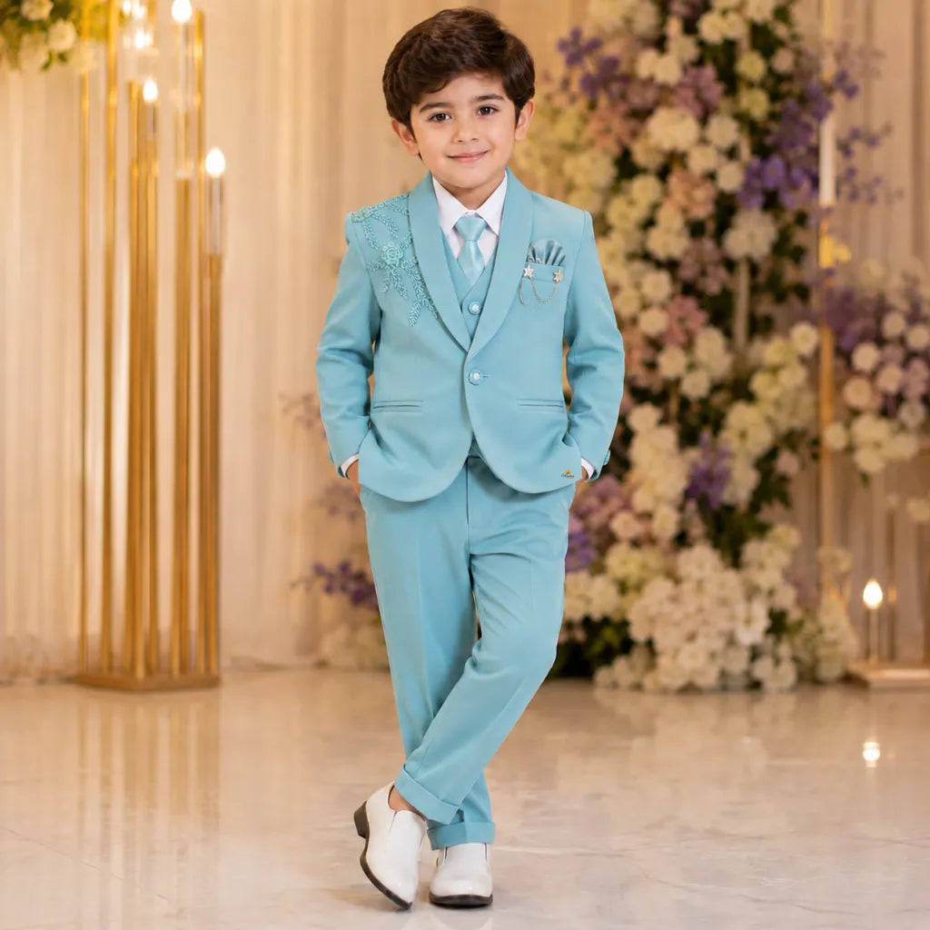 Premium Boys Floral Embroidered Blazer Suit Set with Tie & Brooch