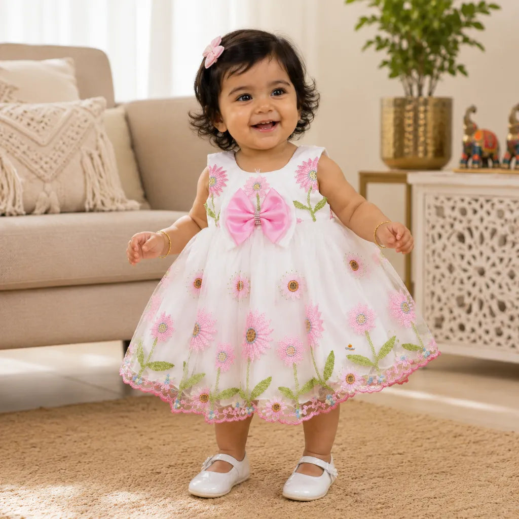 Girls Designer Floral Embroidered Partywear Frock with Bow Detail