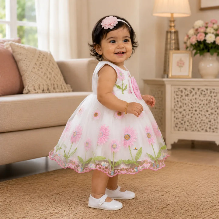 Girls Designer Floral Embroidered Partywear Frock with Bow Detail
