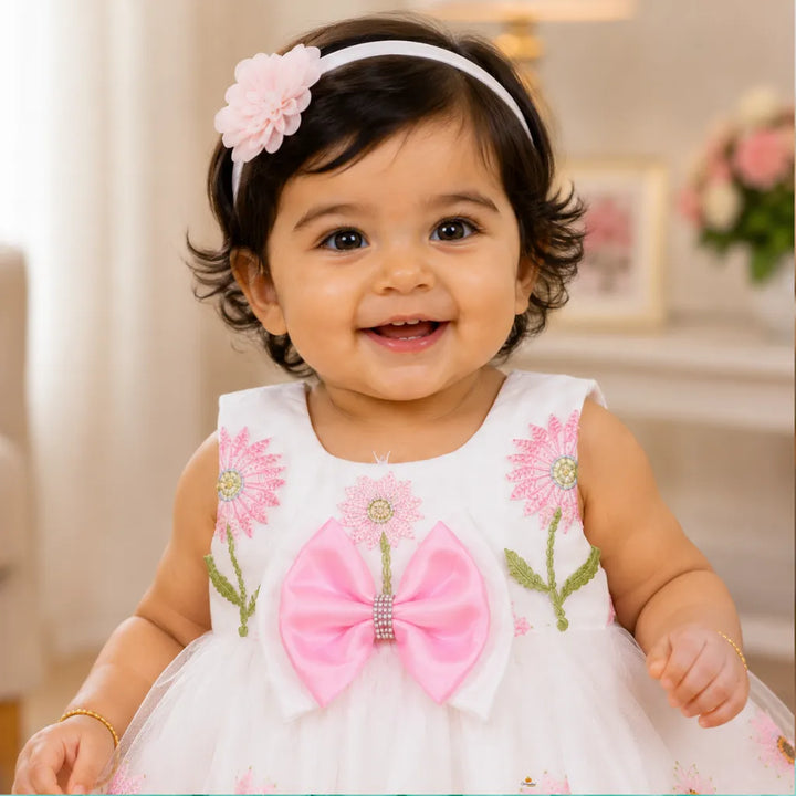 Girls Designer Floral Embroidered Partywear Frock with Bow Detail