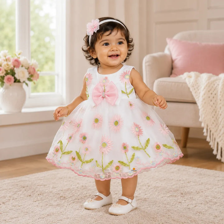 Girls Designer Floral Embroidered Partywear Frock with Bow Detail