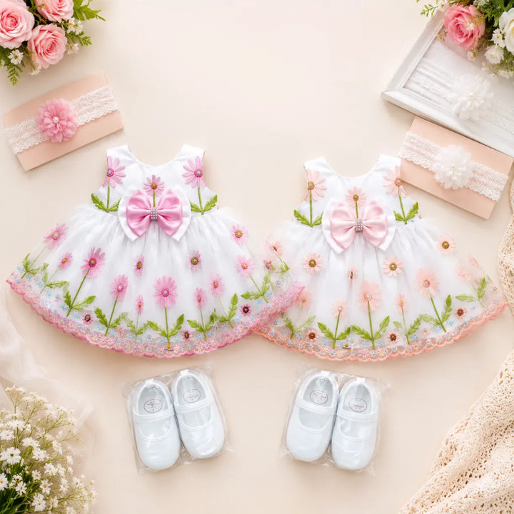 Girls Designer Floral Embroidered Partywear Frock with Bow Detail