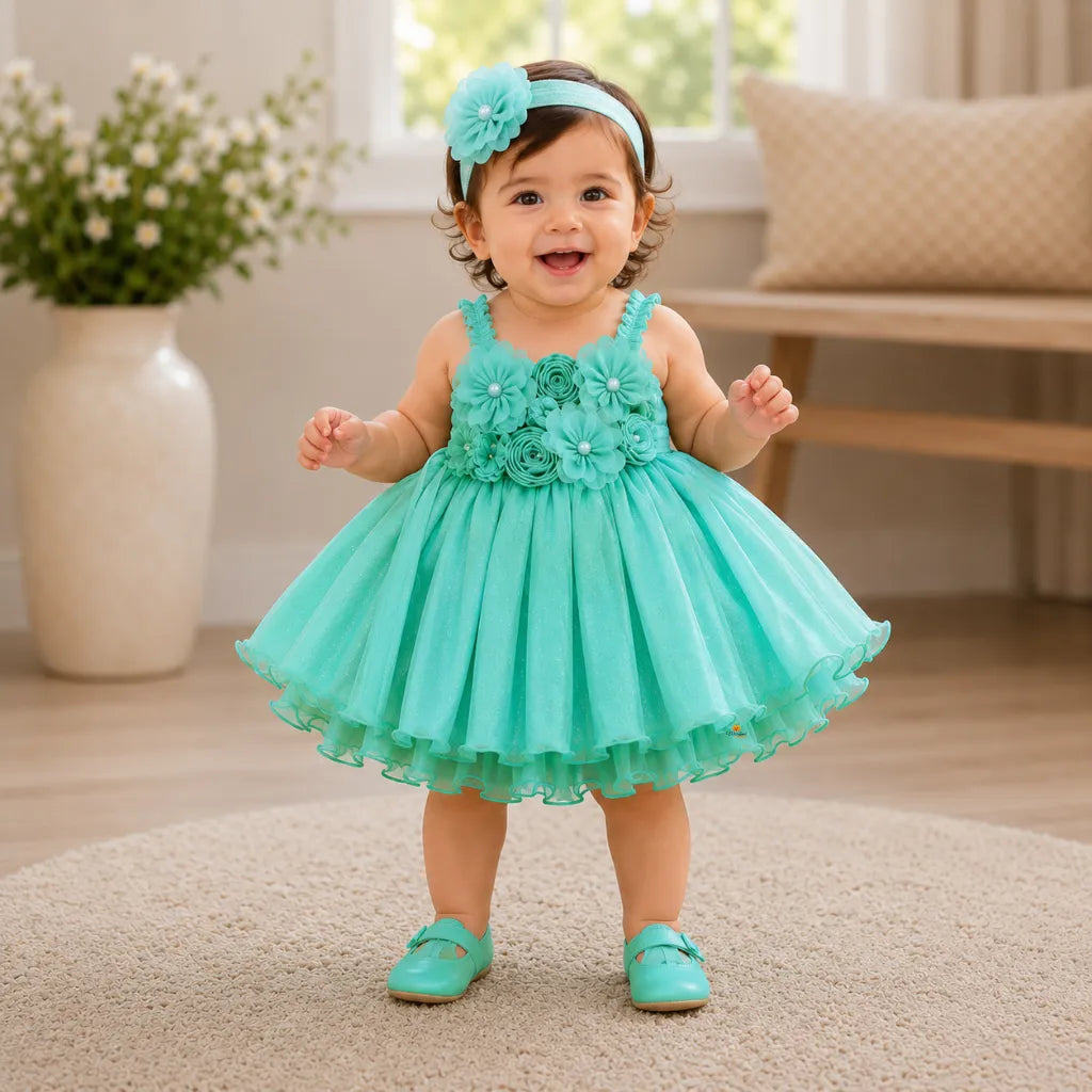 Girls Floral Partywear Frock with Rosette Detail