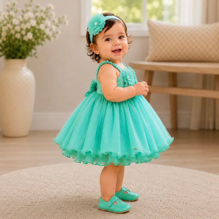 Girls Floral Partywear Frock with Rosette Detail