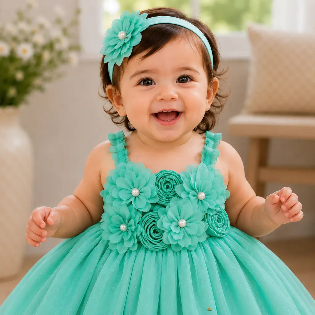 Girls Floral Partywear Frock with Rosette Detail