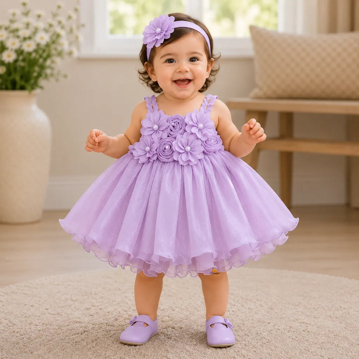 Girls Floral Partywear Frock with Rosette Detail