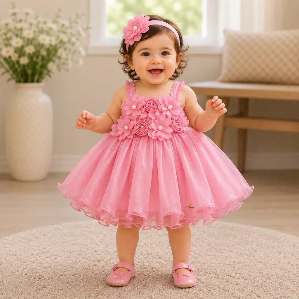 Girls Floral Partywear Frock with Rosette Detail