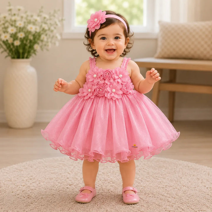 Girls Floral Partywear Frock with Rosette Detail