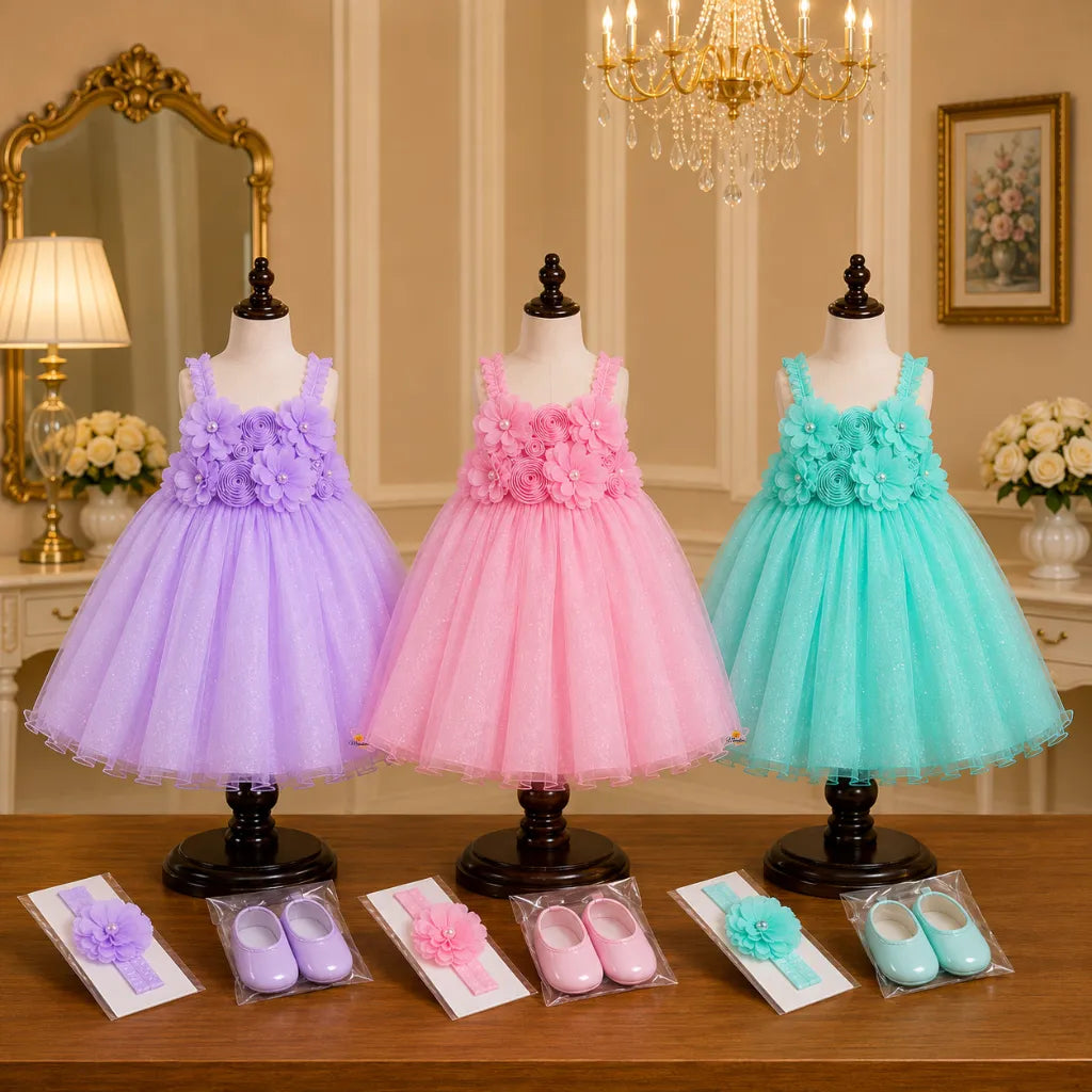 Girls Floral Partywear Frock with Rosette Detail
