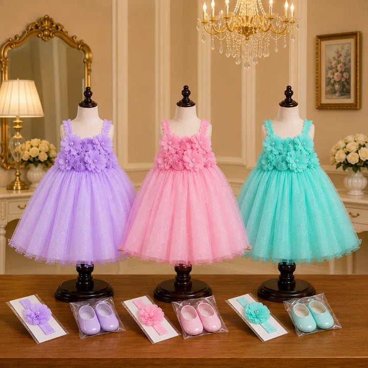 Girls Floral Partywear Frock with Rosette Detail