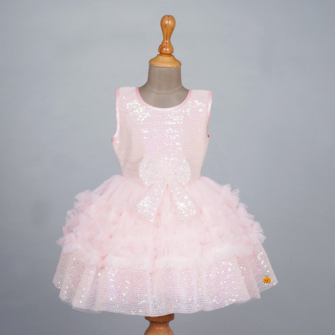 Peach Sequin Bow Frock for Girls Front 