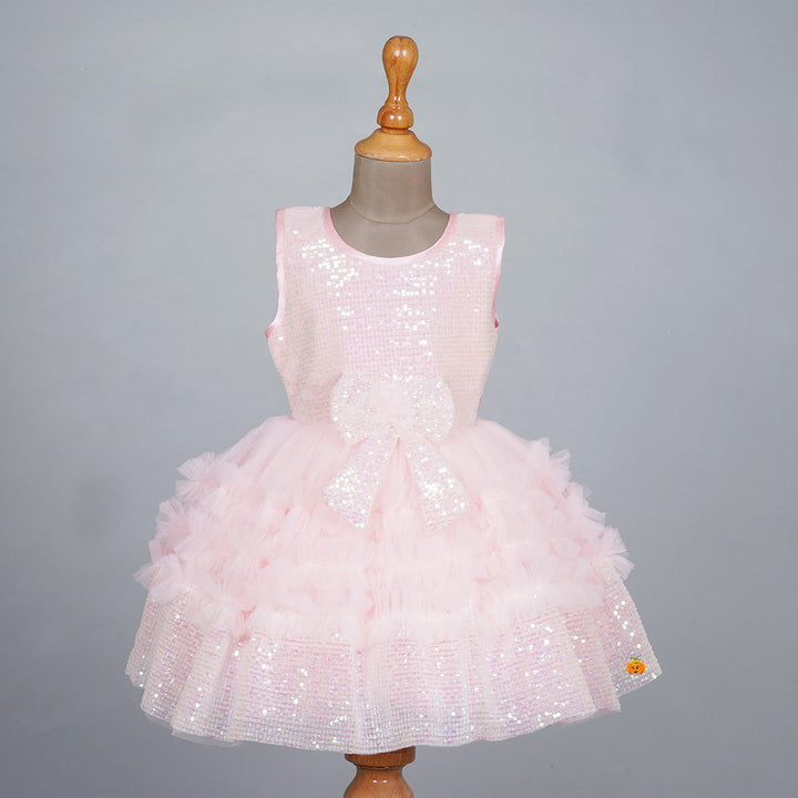 Peach Sequin Bow Frock for Girls Front 