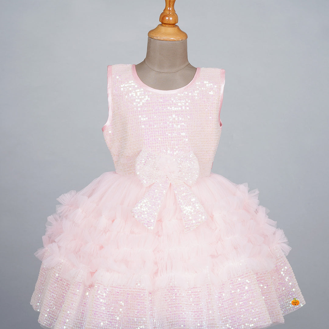 Peach Sequin Bow Frock for Girls Close Up 