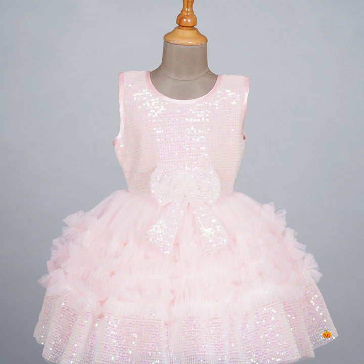 Peach Sequin Bow Frock for Girls Close Up 
