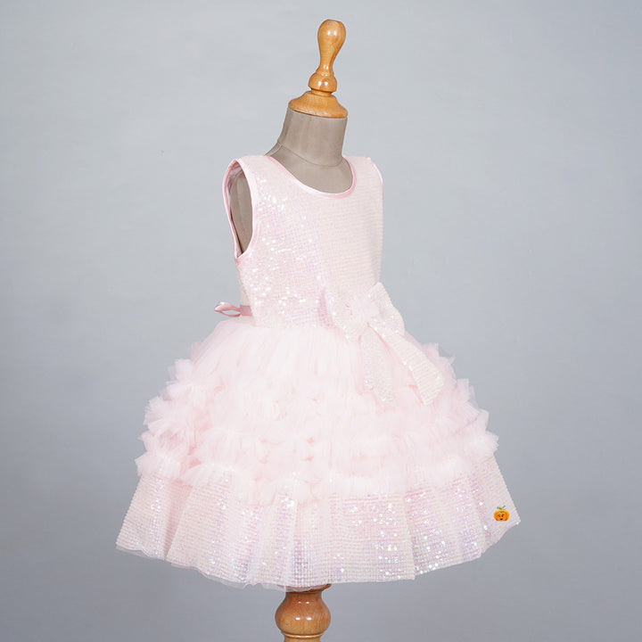 Peach Sequin Bow Frock for Girls Side 