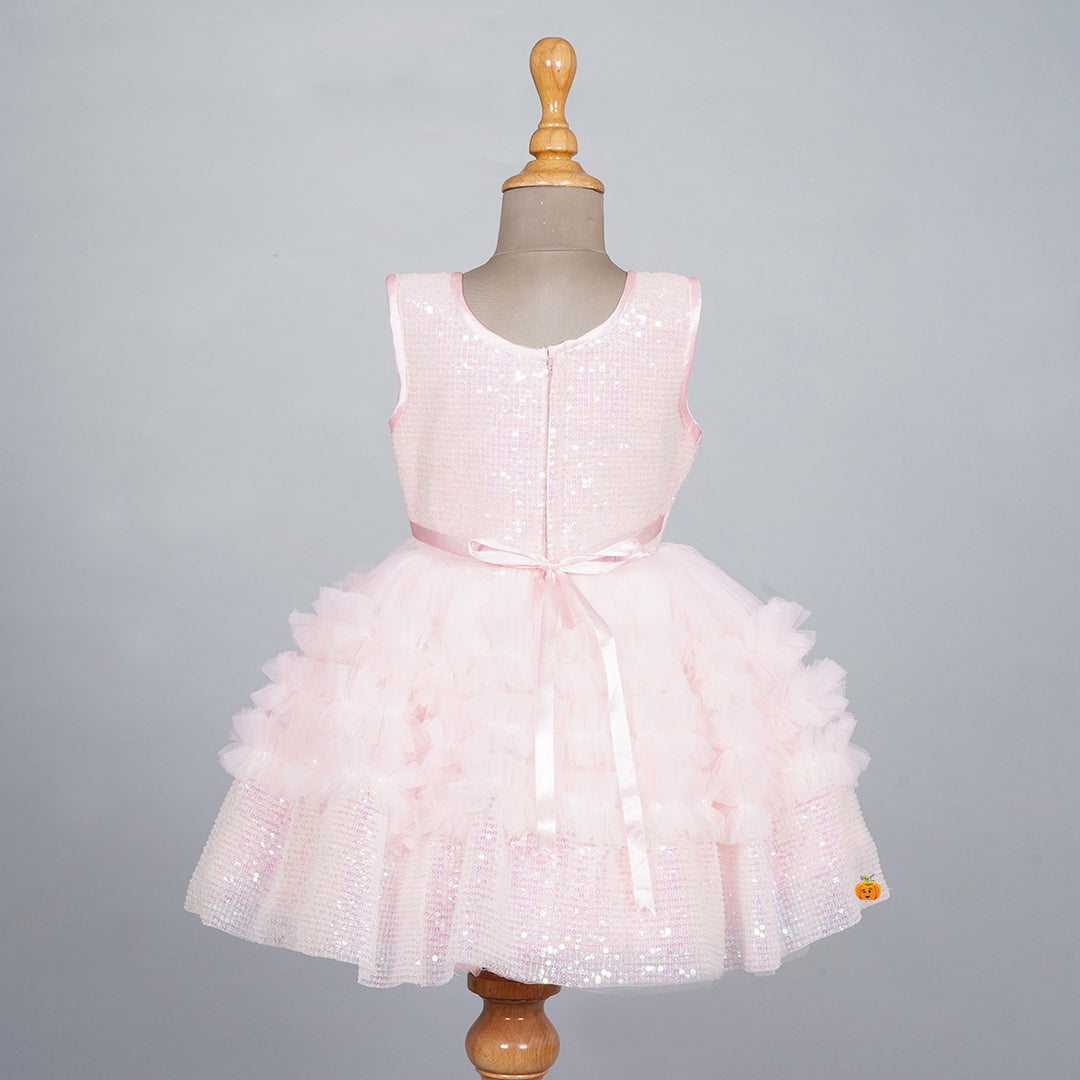Peach Sequin Bow Frock for Girls Back