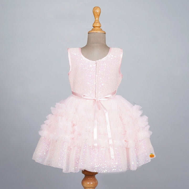 Peach Sequin Bow Frock for Girls Back