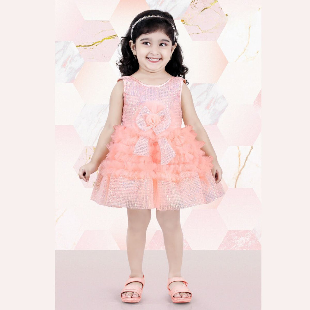 Peach Sequin Bow Frock for Girls Front 