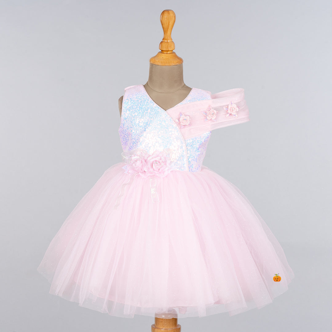 Sea Green & Pink Sequin Frock for Girls Front 