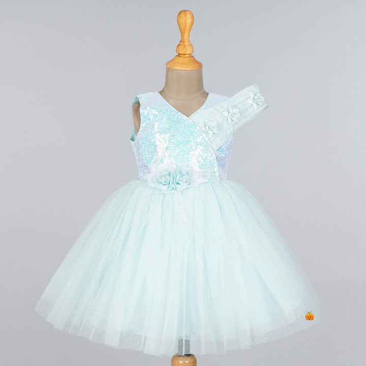 Sea Green & Pink Sequin Frock for Girls Front 