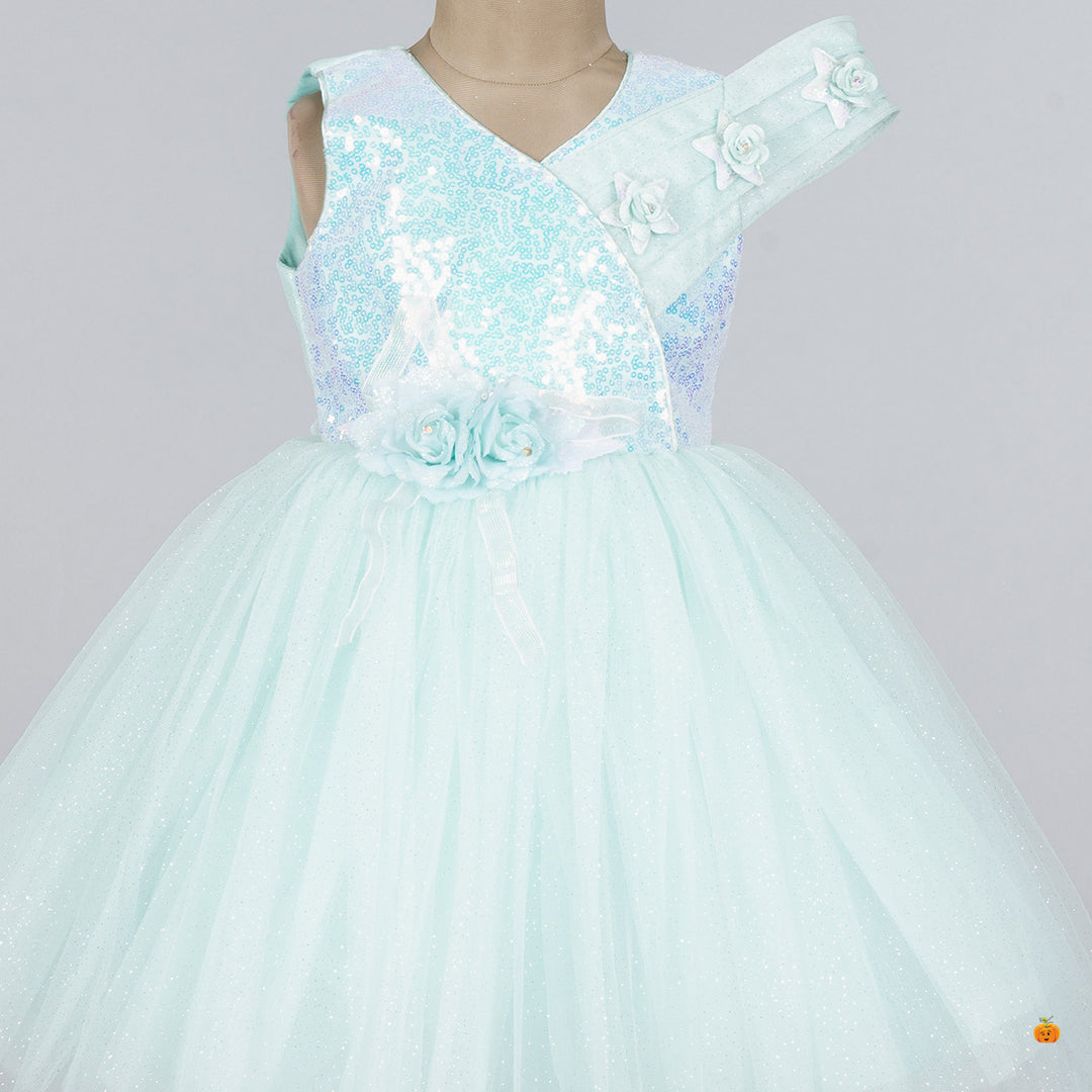 Sea Green & Pink Sequin Frock for Girls Close Up 