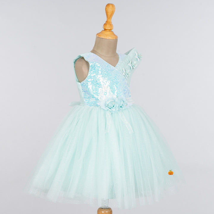 Sea Green & Pink Sequin Frock for Girls Side 