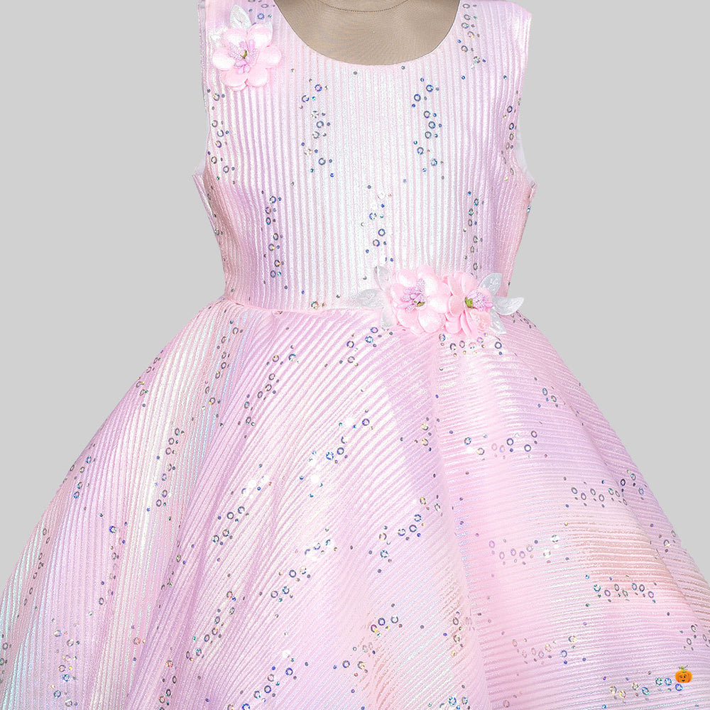 Pink Beautiful Striped Design Girls Frock Close Up