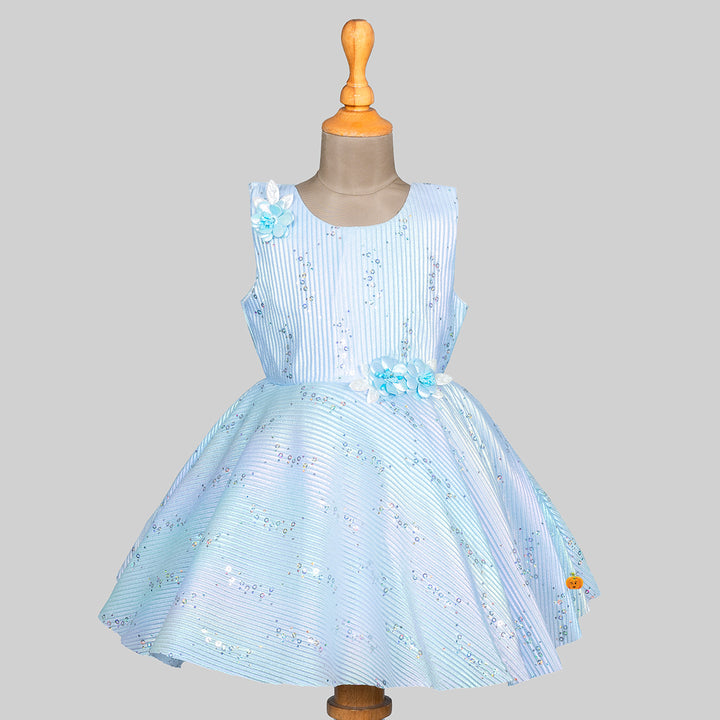 Sky Blue  Beautiful Striped Design Girls Frock Front 