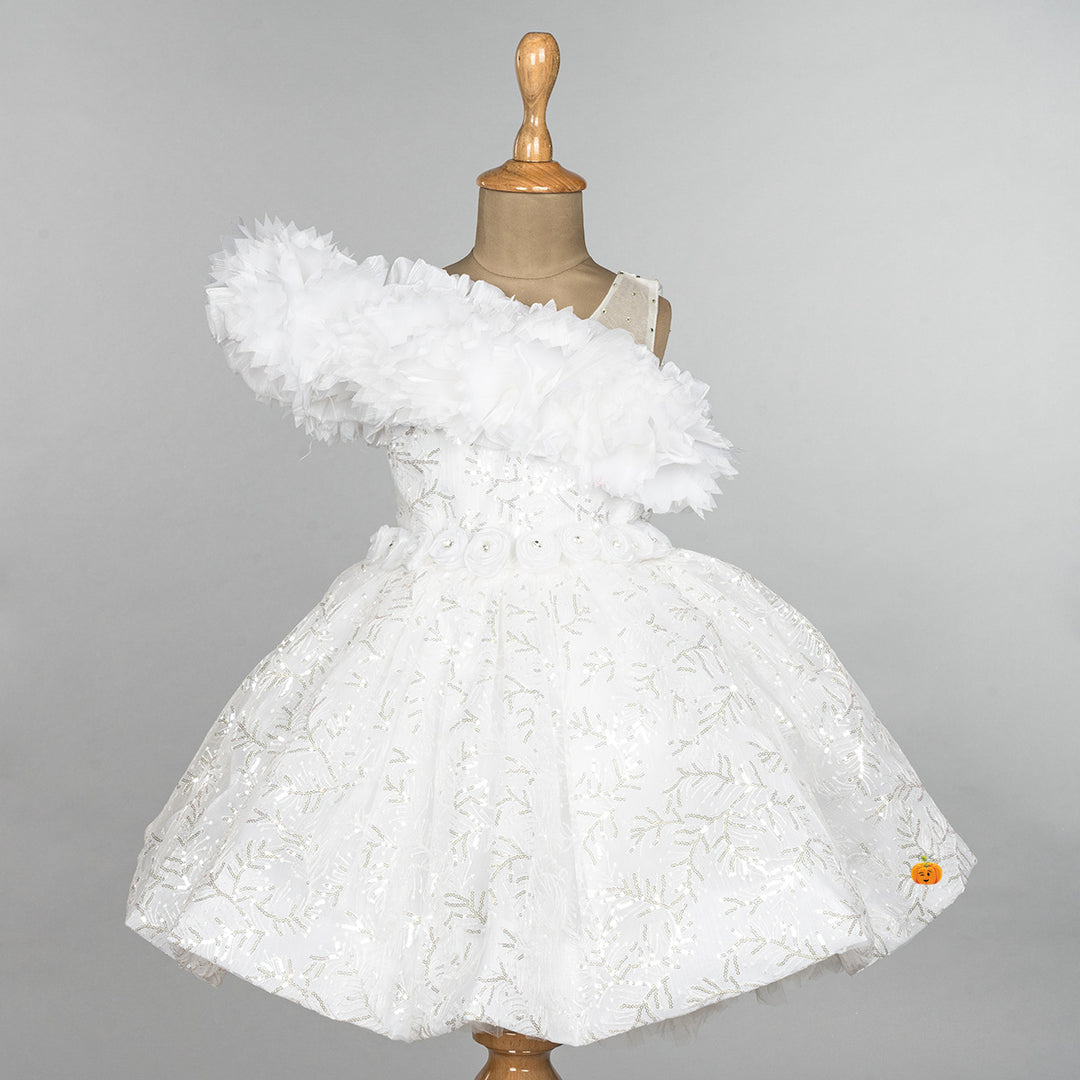 White Frill Sequin Girls Frock