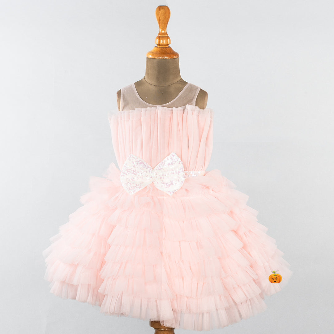 Peach Bow Net Frock for Girls Front 