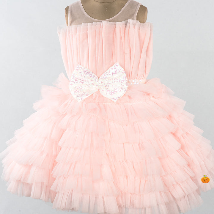 Peach Bow Net Frock for Girls Close Up 
