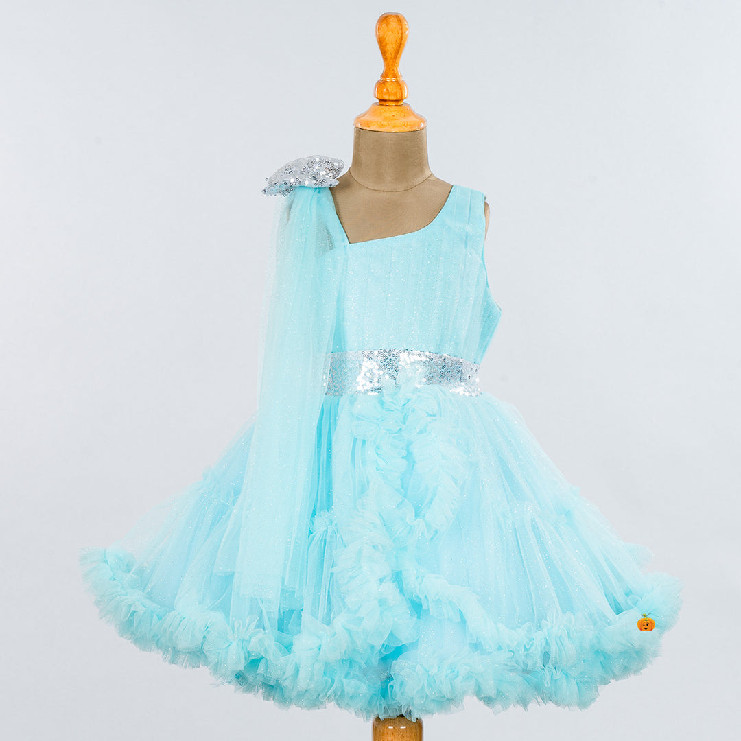 Blue Net Frill Frock for Girls Front 
