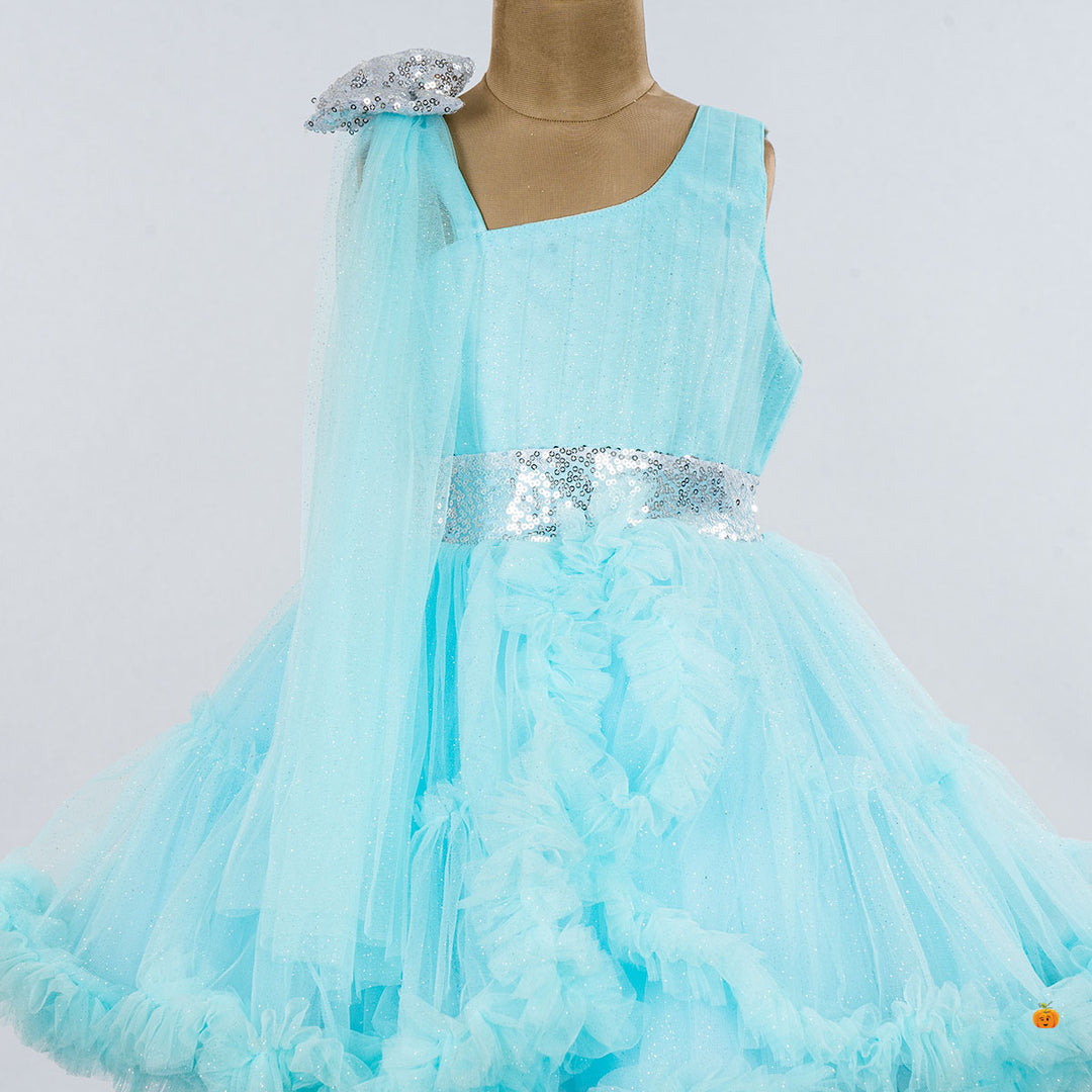 Blue Net Frill Frock for Girls Close Up 