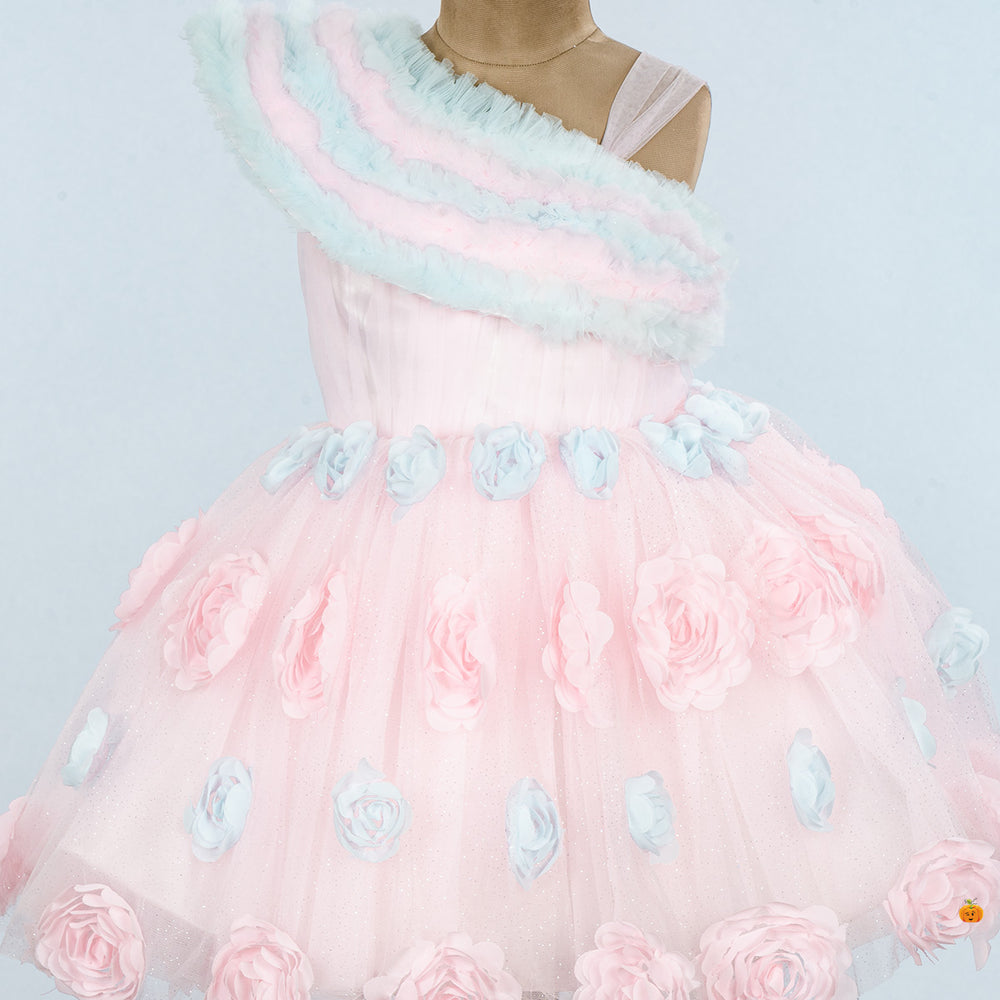 Pink & Sea Green Floral Frock for Girls Close Up 