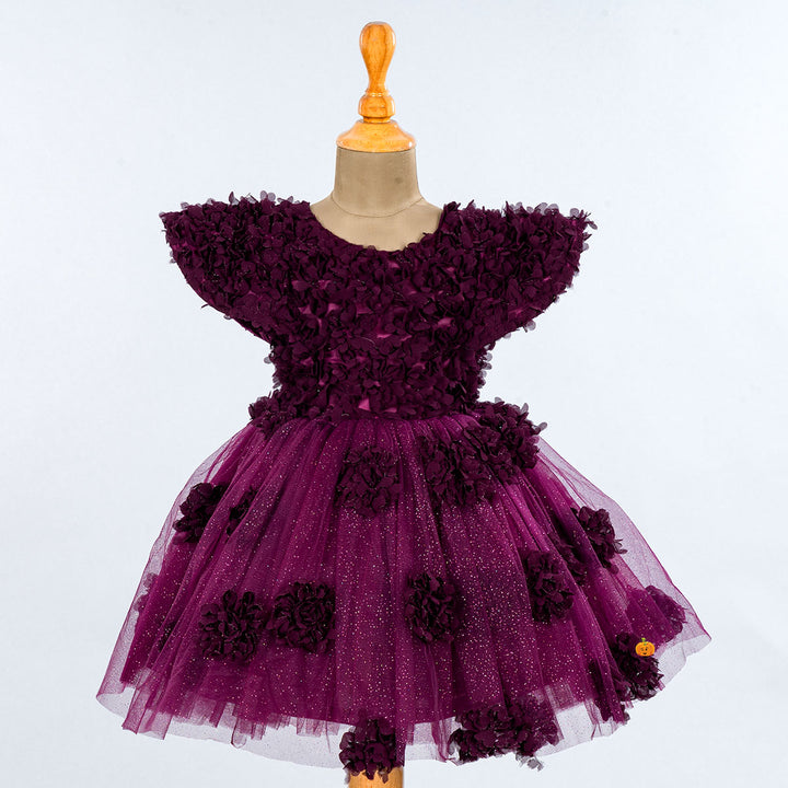 Wine Glittery Frill Floral Girls Frock Front 
