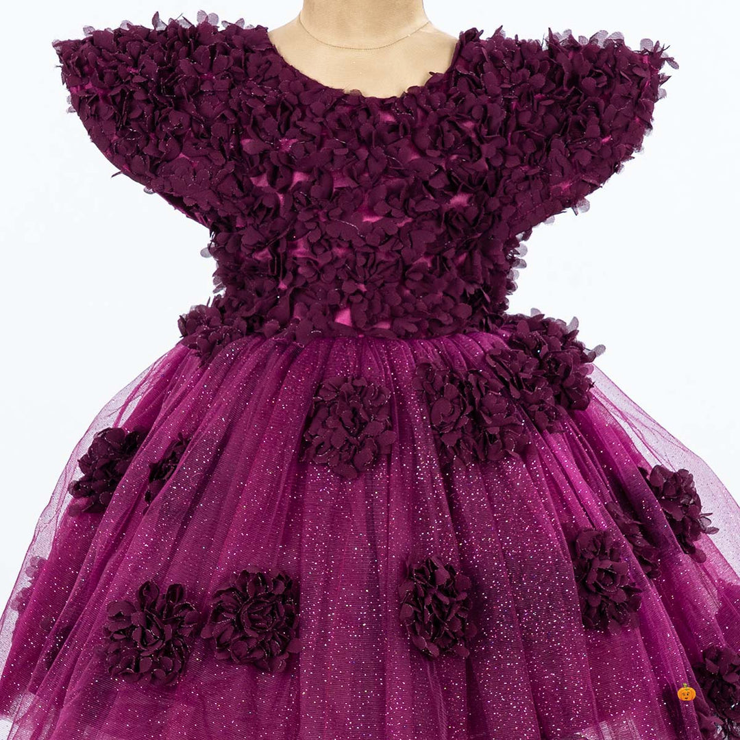 Wine Glittery Frill Floral Girls Frock Close Up 