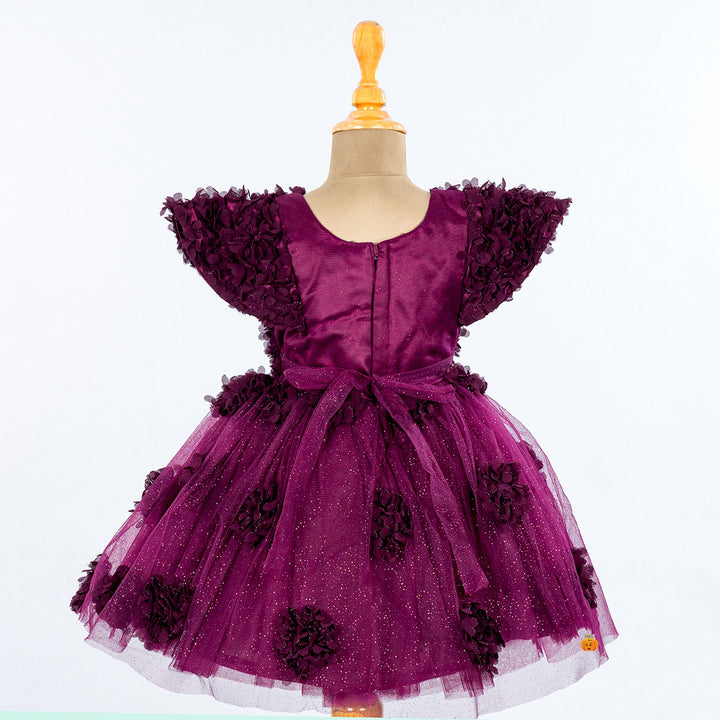 Wine Glittery Frill Floral Girls Frock Back 